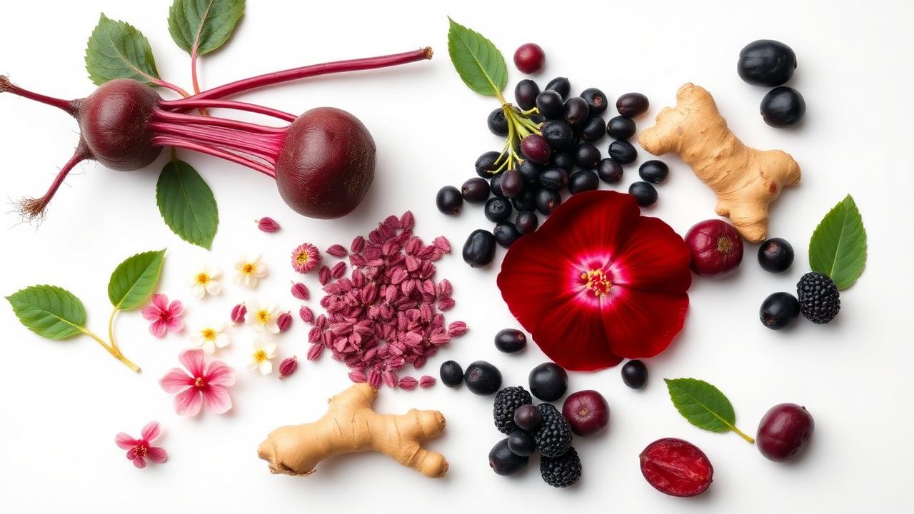 Natural Ikaria Juice ingredients including beets, hibiscus flowers, milk thistle, ginger root and acai berries